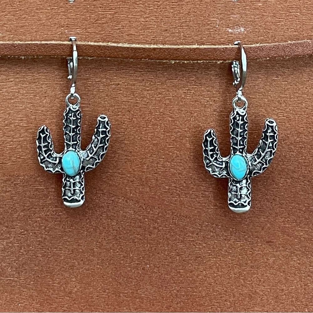 Saguaro Cactus Earrings with Faux Turquoise